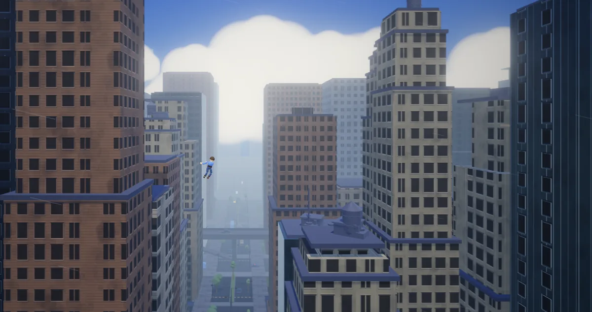 Mid-swing in City Slinger: the player hanging from a web between two towers, an avenue receding into haze below, buildings in several depth lanes fading into fog.