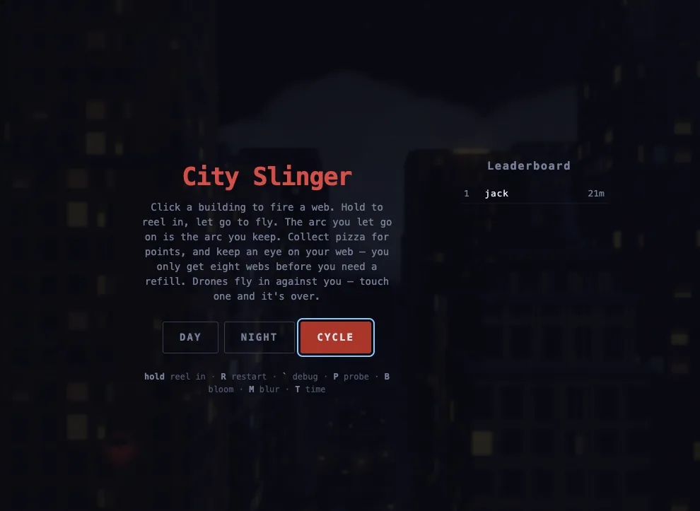 The City Slinger start screen: the title in red over a dark city, the instructions beneath it, three mode buttons reading DAY, NIGHT and CYCLE, and a leaderboard panel on the right.