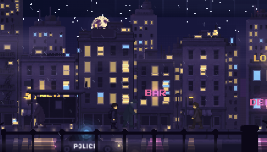 Street level in Night City: a character walking past lit shopfronts and neon signs, pedestrians on the pavement, a police car on the road behind railings.