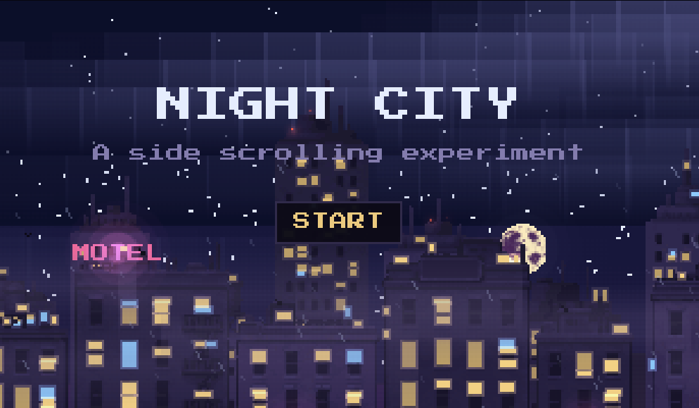 The Night City title screen: the words NIGHT CITY over a pixel-art skyline at night, with a moon, lit windows and a neon MOTEL sign.
